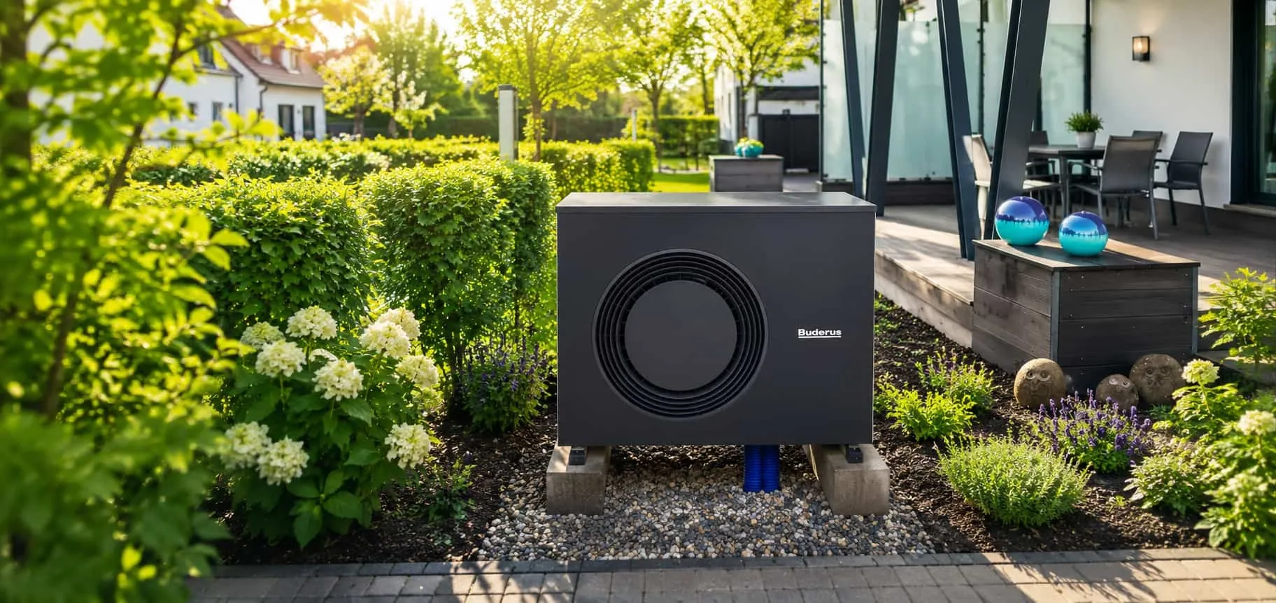Moderne Buderus Wärmepumpe im gepflegten Garten eines Einfamilienhauses. Die Außeneinheit steht auf einem Kiesbett zwischen blühenden Pflanzen, Hecken und einer sonnigen Terrasse mit Sitzbereich.