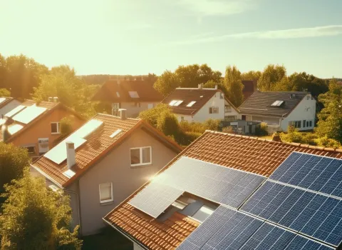 Mehrere Einfamilienhäuser mit Solarmodulen auf dem Dach.