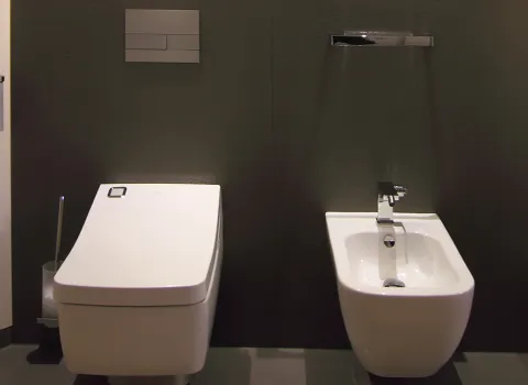 Modernes Badezimmer mit wandhängendem WC und Bidet, stilvoll vor einer dunklen Wand installiert.