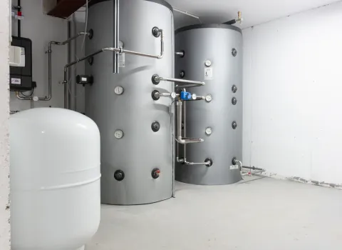 Zwei große Pufferspeicher mit angeschlossenen Rohrleitungen und Messinstrumenten in einem modernen Heizraum. Neben den Speichertanks ist ein weißes Ausdehnungsgefäß sichtbar, das Teil der Heizungsinstallation ist.