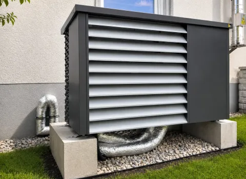 Installierte Luftwärmepumpe mit Lamellenverkleidung zur Geräuschreduzierung und geschützter Leitungsführung. Die kompakte Heizungsanlage befindet sich direkt am Gebäude und unterstützt eine nachhaltige Wärmeversorgung.