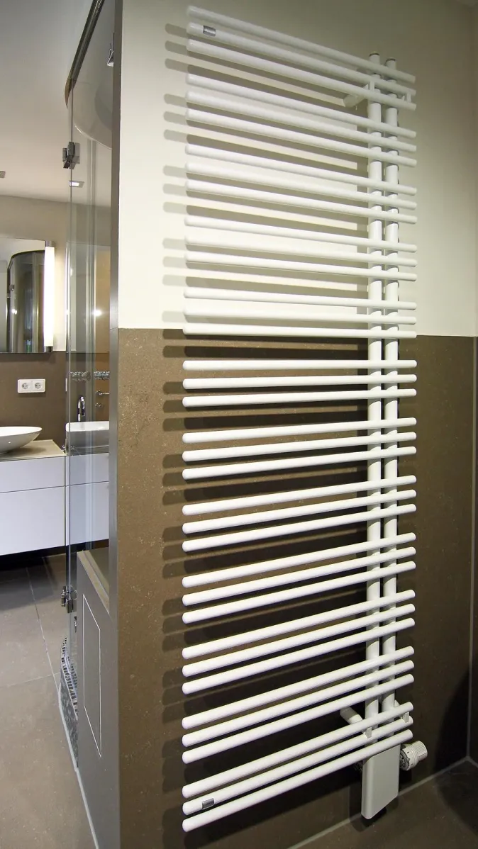 Moderner Design-Heizkörper in einem stilvollen Dampfbad mit Glasdusche und Doppelwaschtisch im Hintergrund.