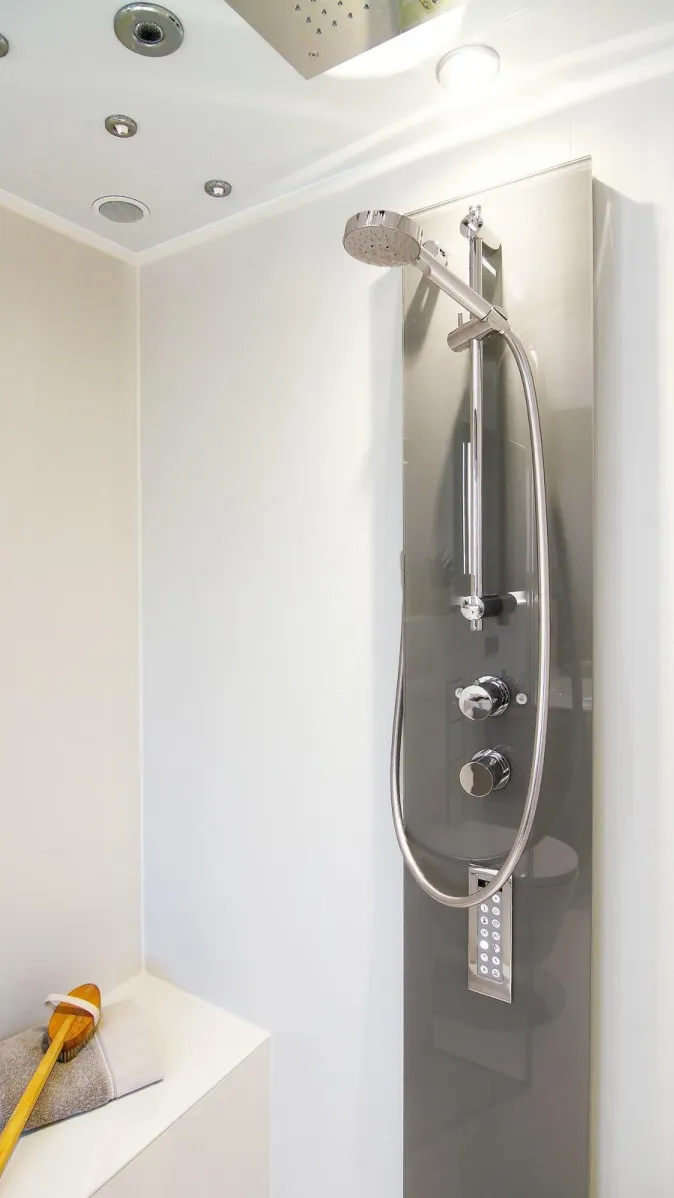 Detailaufnahme einer modernen Dampfdusche mit verchromter Handbrause, Bedienpanel und integrierten Deckenstrahlern.