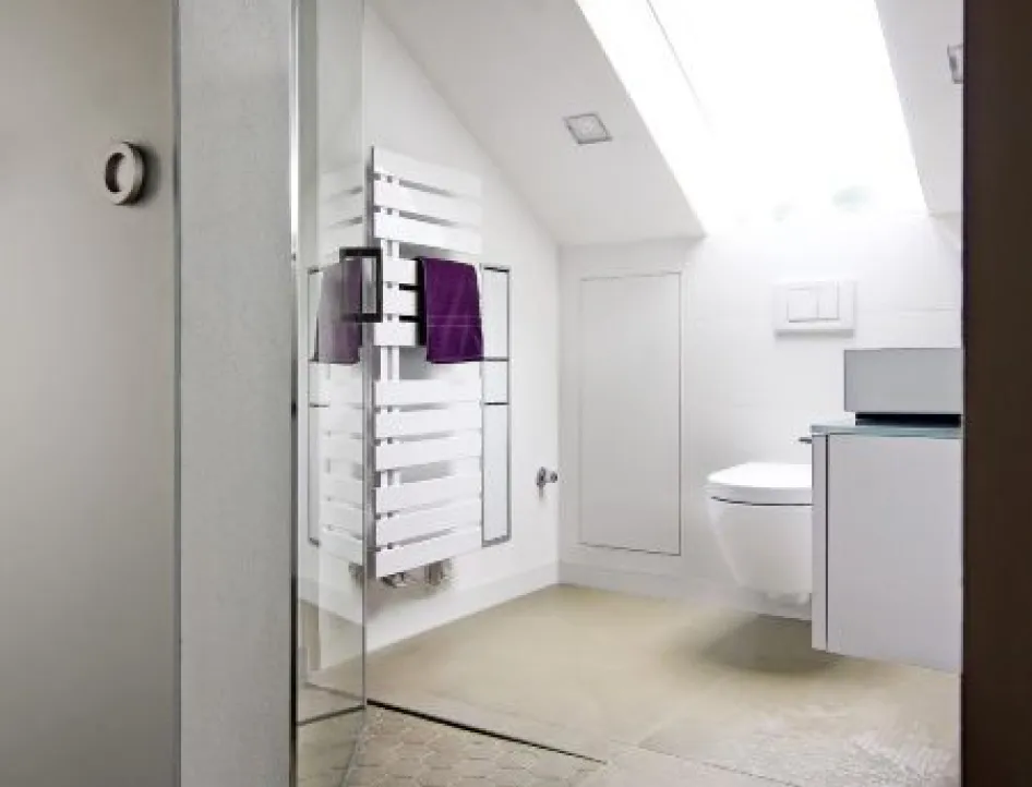Modernes Dachbad mit bodengleicher Dusche, weißem Wandheizkörper und WC unter einem Dachfenster.