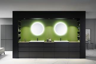 Modular aufgebaute Möbelzeile mit Waschtisch der Kollektion Lin20 von burgbad