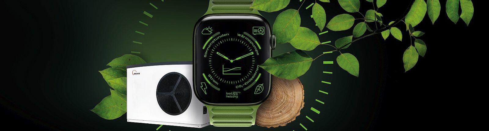 Foto-Collage mit weißer Wärmepumpe, grüner Smart-Watch und grünen Blättern 