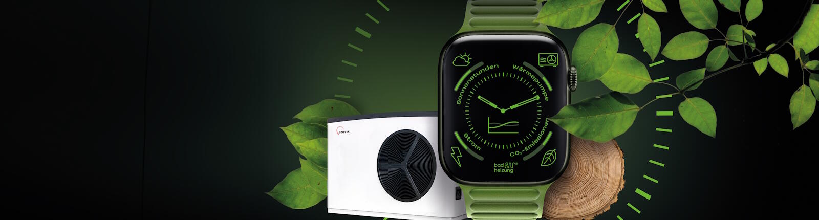 Collage Wärmepumpe, SmartWatch, Holz, grüne Blätter